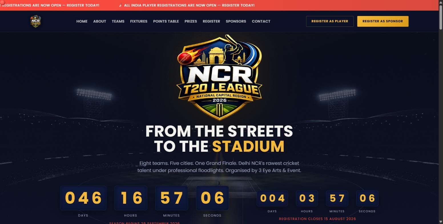 Screenshot of the NCR T20 League website